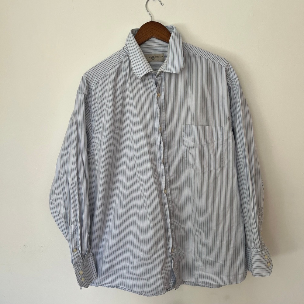 Luciano Barbera Club Mens Blue Striped Spread Collar Button Down Shirt 17.75 45